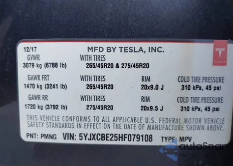 2017 Tesla Model X 100D/75D/90D z USA, uszkodzony, nr VIN 5YJXCBE25HF079108